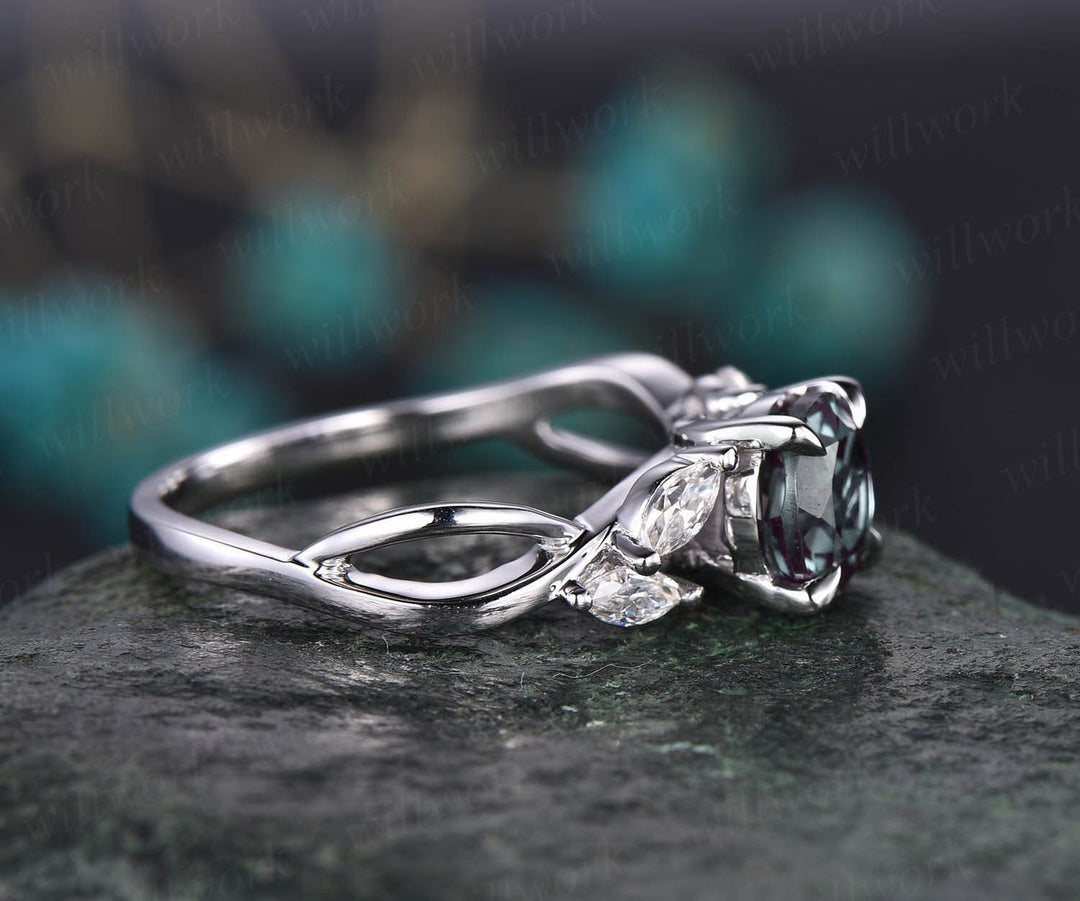 Round moss agate ring vintage moss agate engagement ring white gold for women art deco moissanite ring marquise ring wedding promise ring