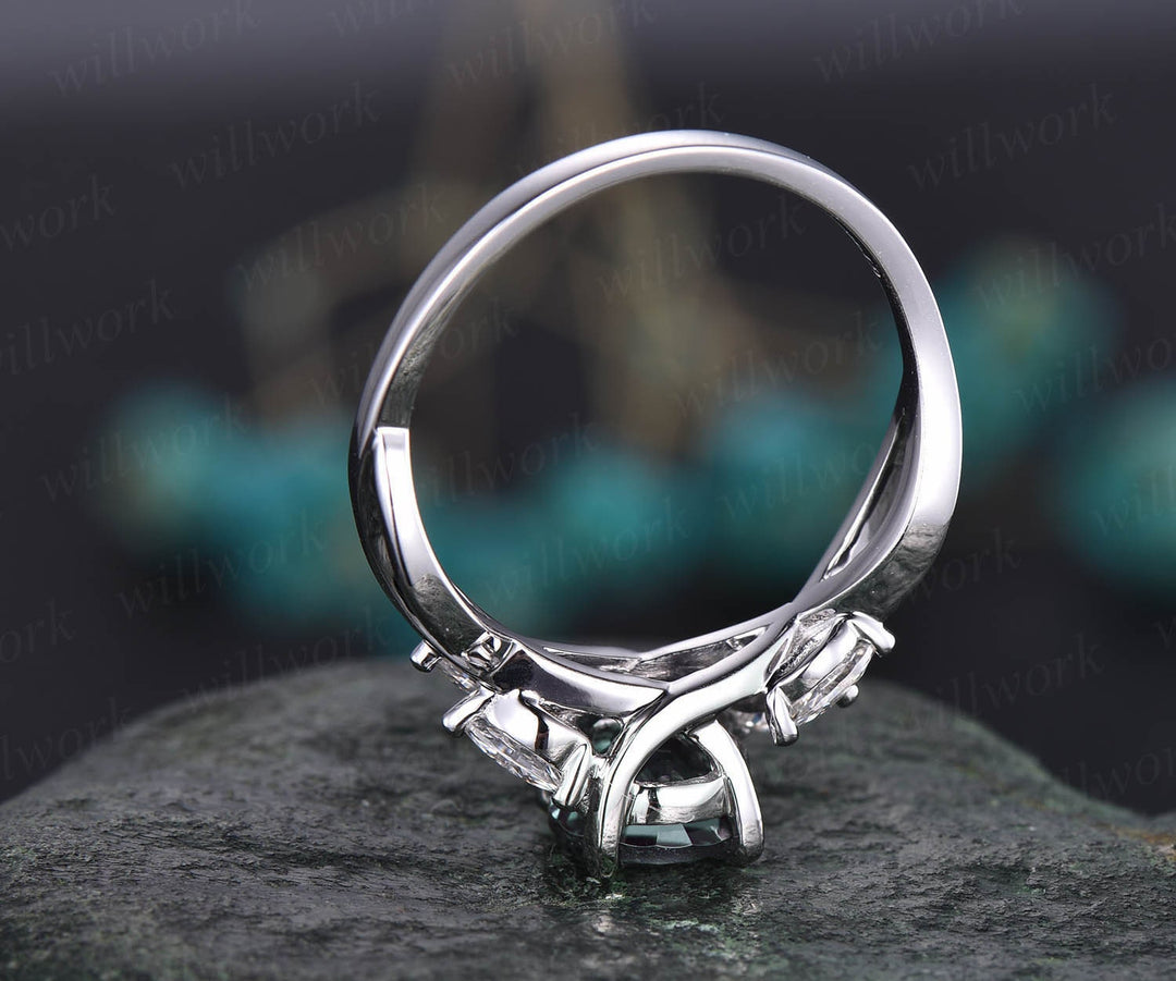 Round moss agate ring vintage moss agate engagement ring white gold for women art deco moissanite ring marquise ring wedding promise ring