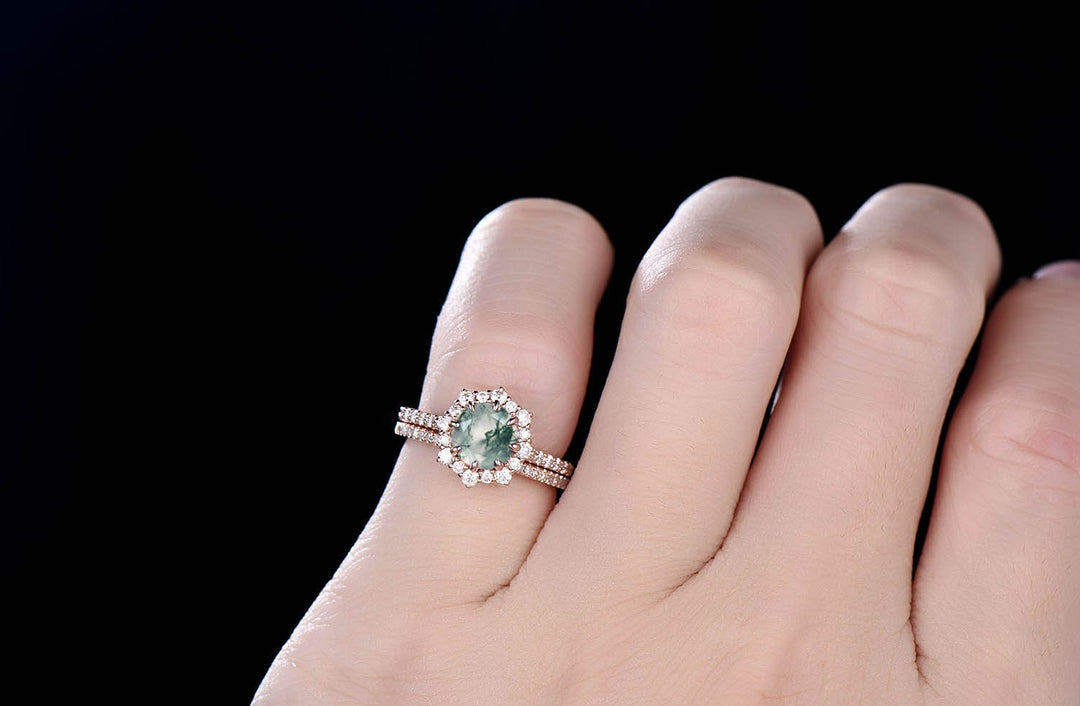 2pcs round moss agate engagement ring set rose gold moissanite halo ring women matching stacking diamond wedding band moss agate bridal set