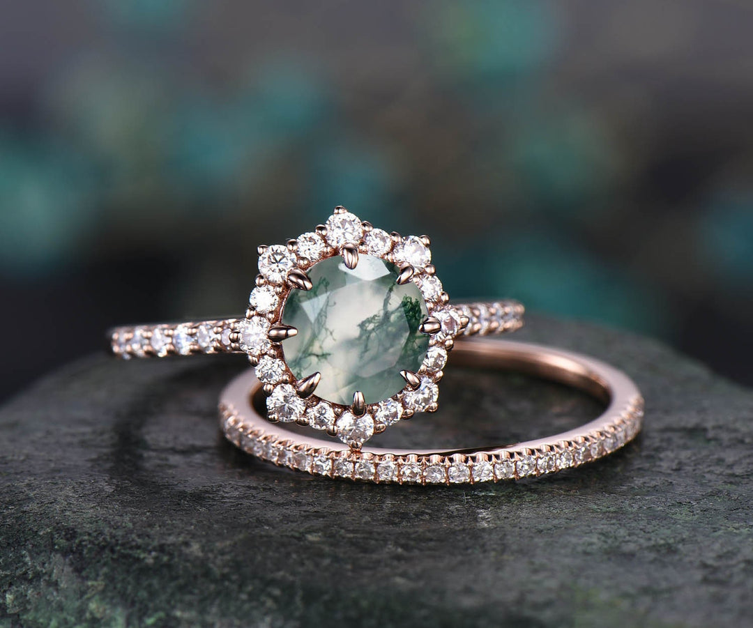 2pcs round moss agate engagement ring set rose gold moissanite halo ring women matching stacking diamond wedding band moss agate bridal set