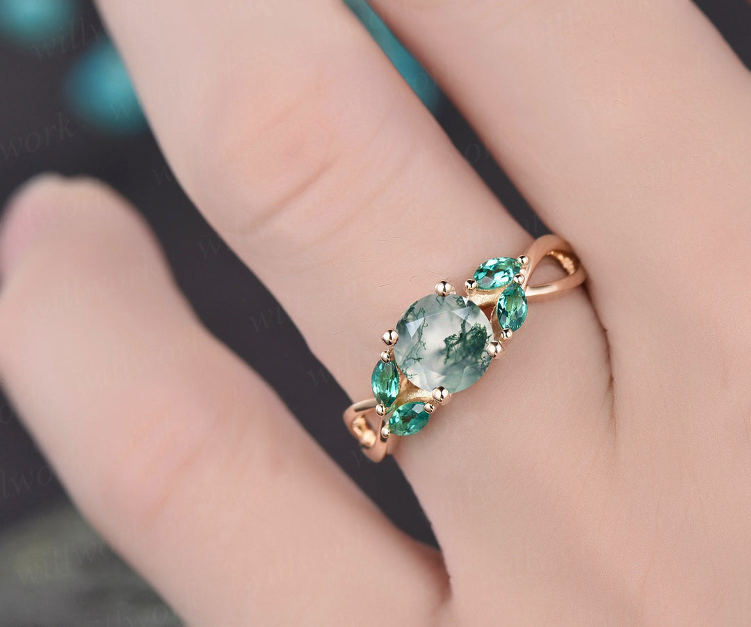 Round shaped moss agate engagement ring vintage moss agate ring art deco emerald ring for women marquise ring emerald jewelry promise ring