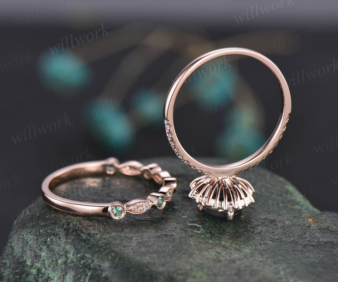Oval cut moss agate ring gold silver vintage unique green moss agate engagement ring set art deco emerald diamond wedding ring set for women