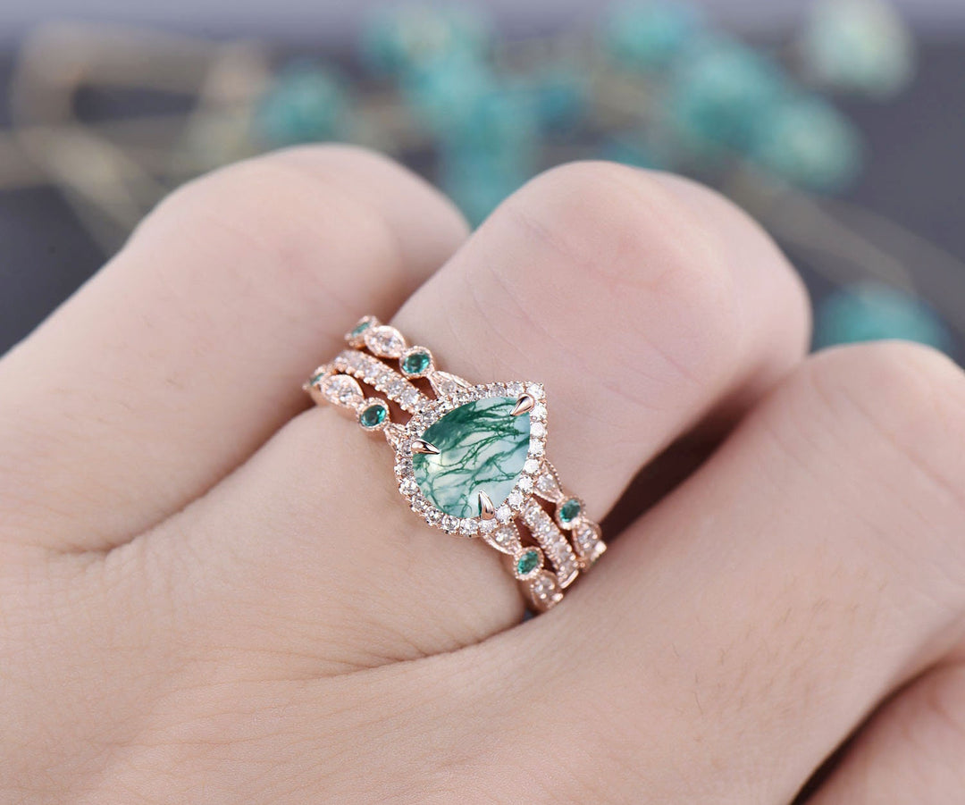 Unique vintage moss agate engagement ring set art deco diamond halo ring natural emerald ring set rose gold ring set wedding bridal set