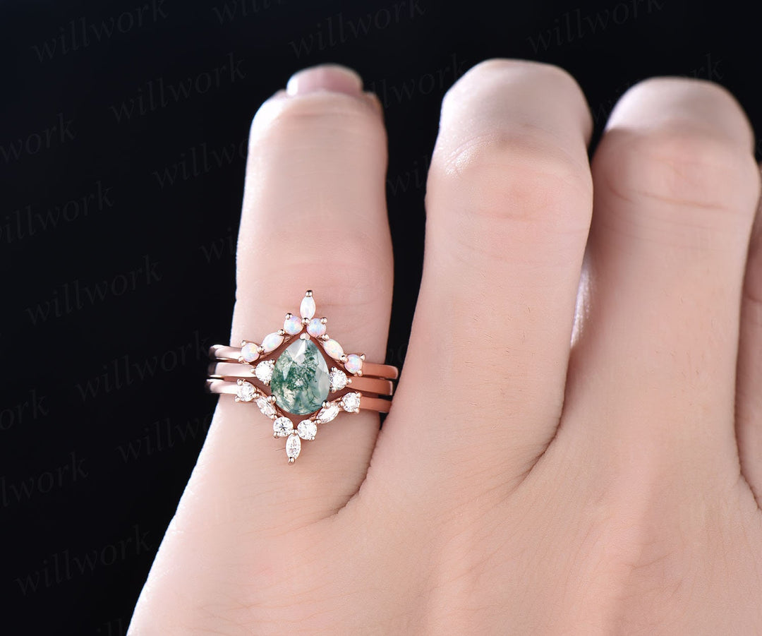 Vintage moss agate engagement ring set opal ring set marquise moissanite ring set three stone ring rose gold unique bridal set jewelry gift