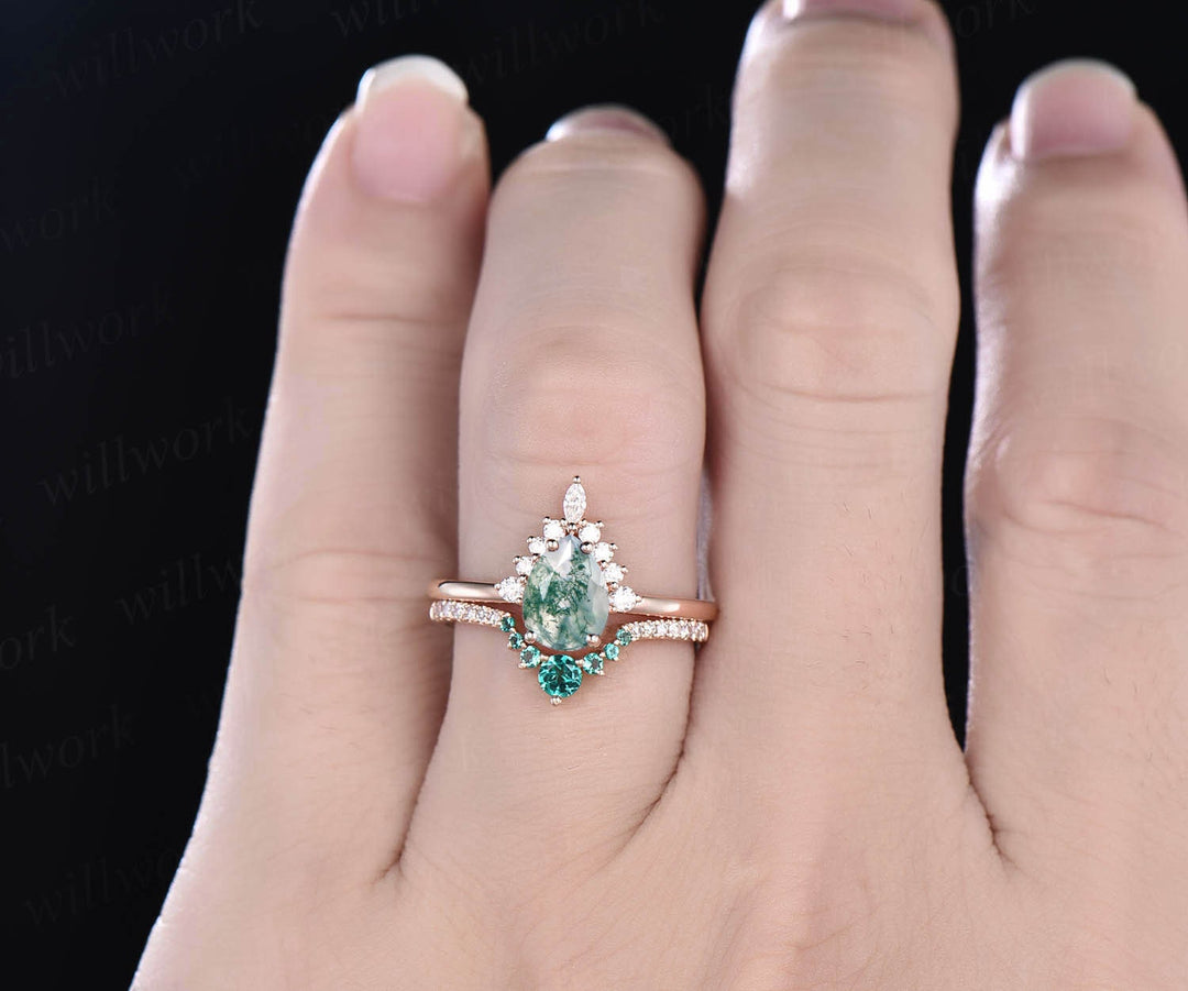 Pear moss agate ring set unique vintage moss agate engagement ring set rose gold ring set for women emerald ring set diamond crown ring gift