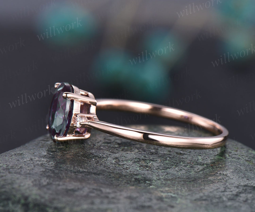 Oval shaped moss agate ring three stone ring dainty diamond ring vintage moss agate engagement ring rose gold ring for women jewelry gift