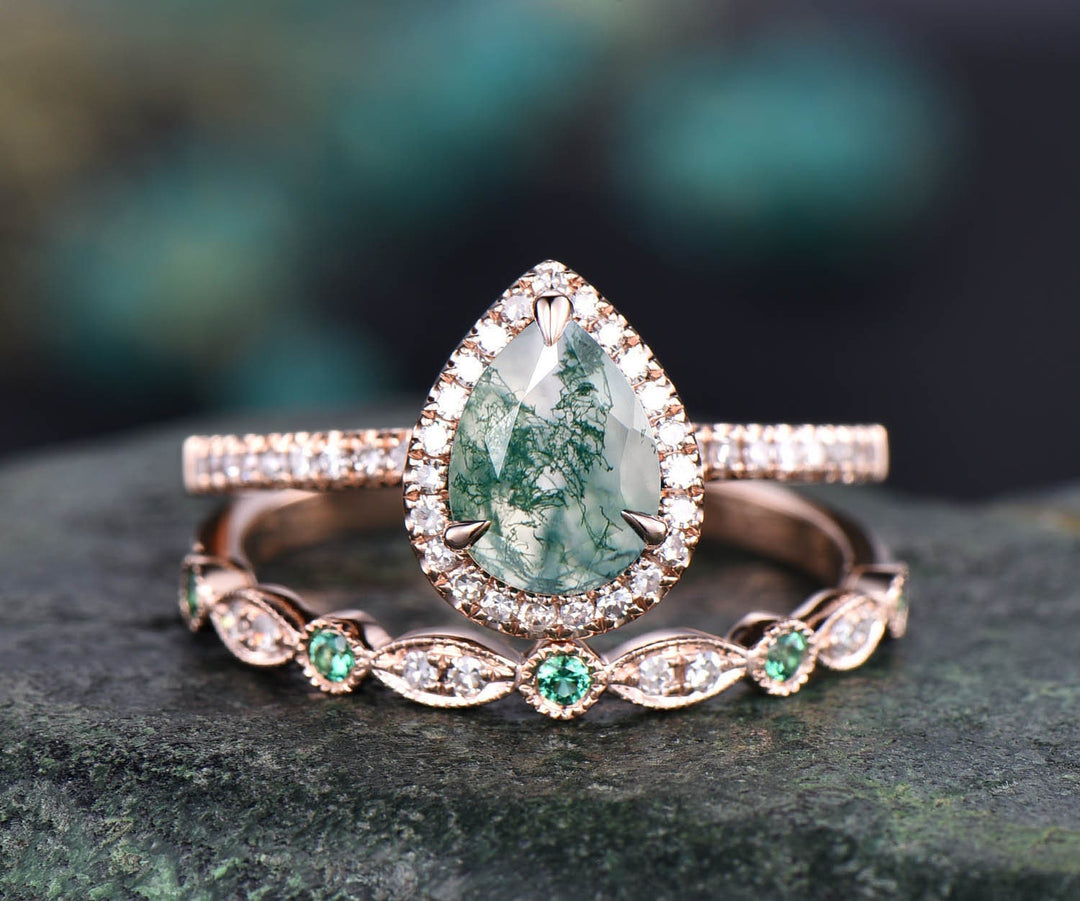 Moss agate ring set pear shaped moss agate engagement ring set rose gold halo diamond natural emerald ring women unique wedding ring set