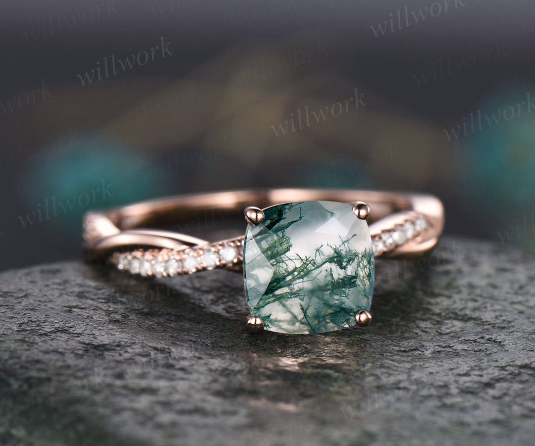 Cushion moss agate engagement ring for women vintage rose gold ring twisted infinity diamond ring eternity ring organic stone ring jewelry