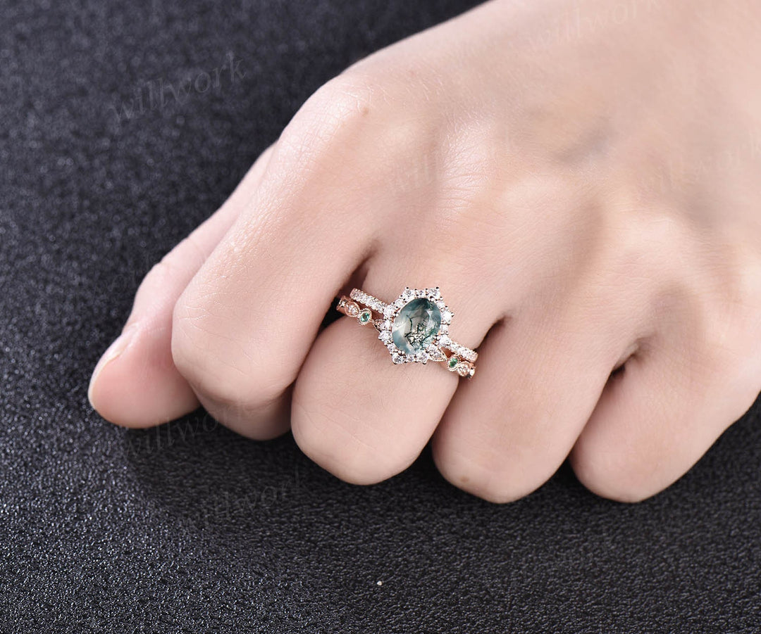 Oval cut moss agate ring gold silver vintage unique green moss agate engagement ring set art deco emerald diamond wedding ring set for women