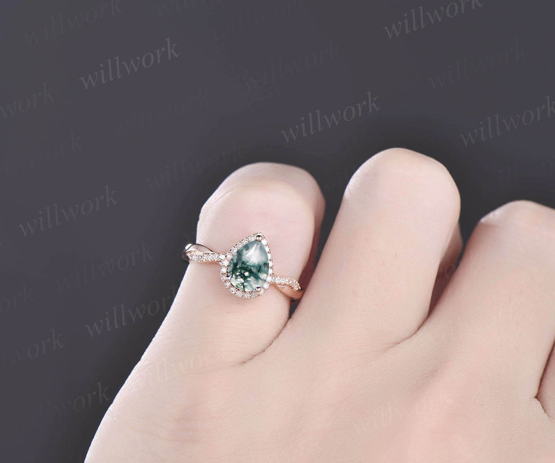 Pear shaped moss agate engagement ring vintage rose gold wedding ring twisted infinity diamond ring for women green moss ring jewelry gift
