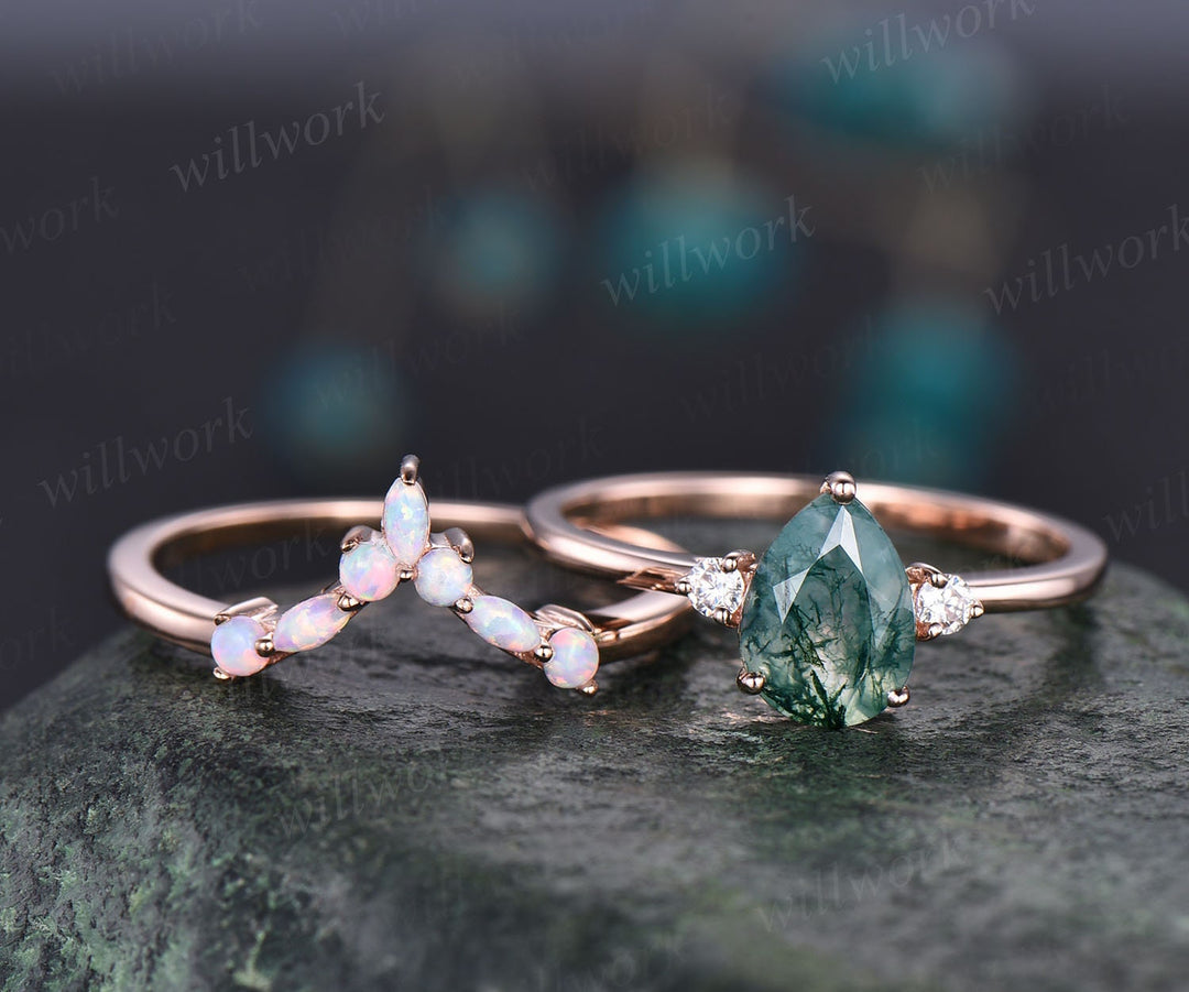 Pear shaped moss agate engagement ring set vintage art deco opal ring set marquise ring set moissanite ring set rose gold ring set jewelry