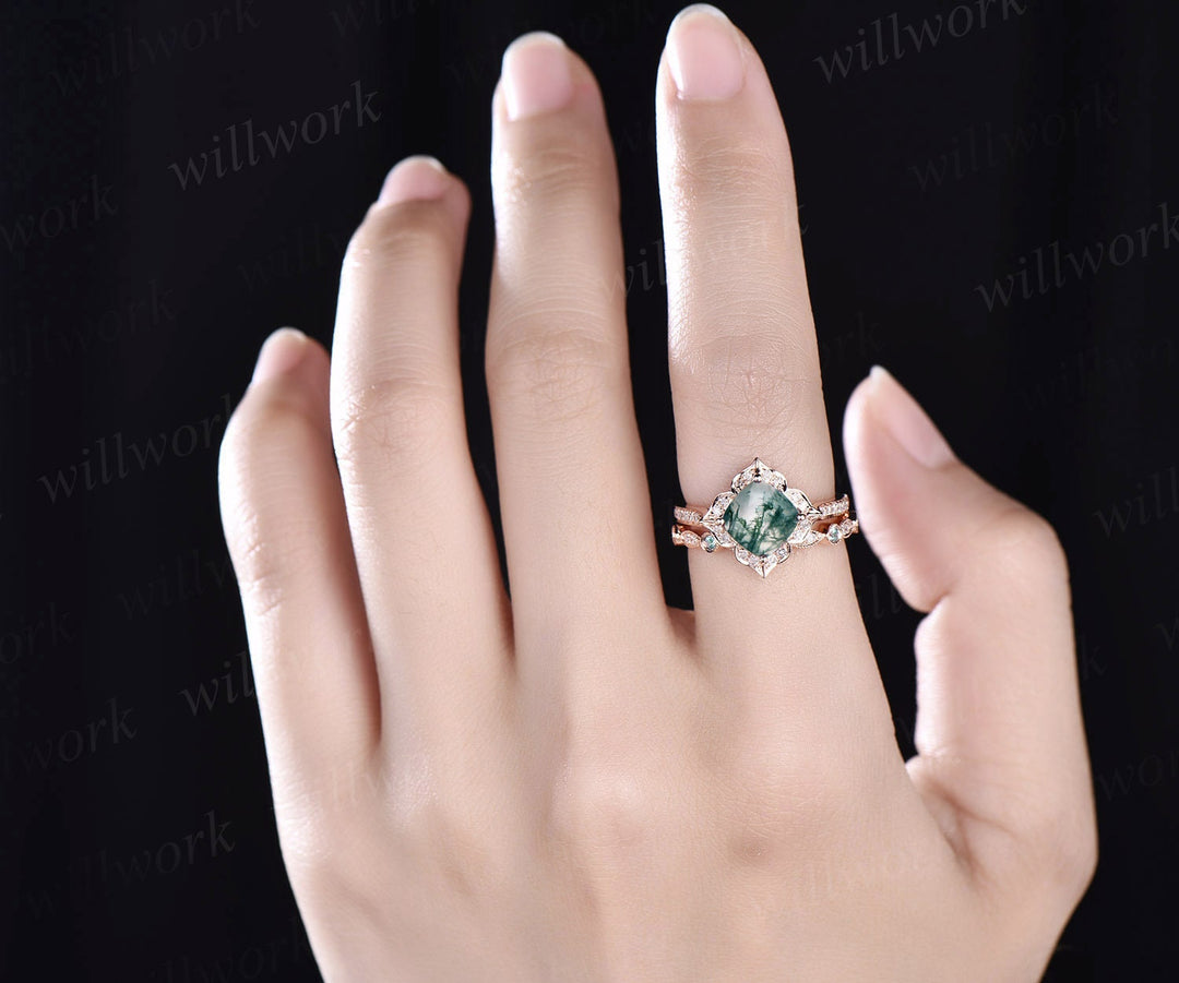 Unique bridal ring set cushion moss agate engagement ring set rose gold vintage flower halo diamond ring Milgrain alexandrite wedding band