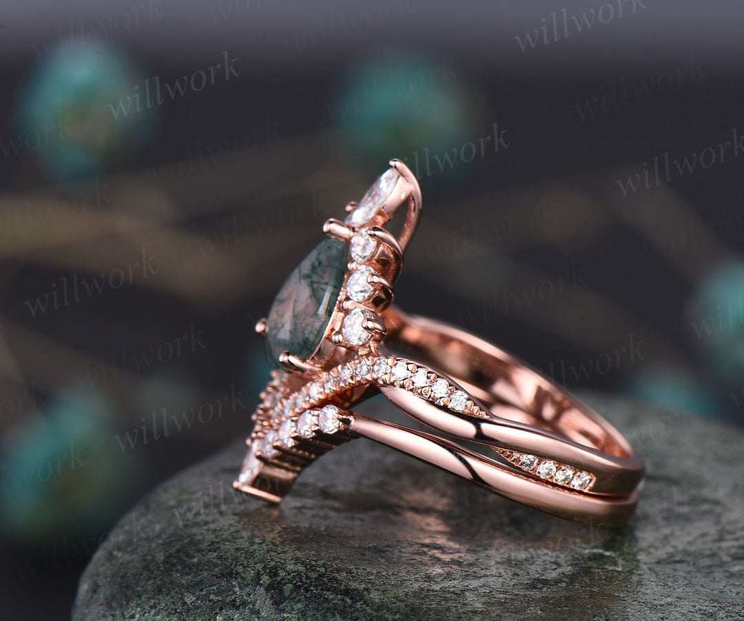 Vintage pear shaped moss agate engagement ring set art deco 14k rose gold twisted infinity moissanite ring for women wedding bridal ring set