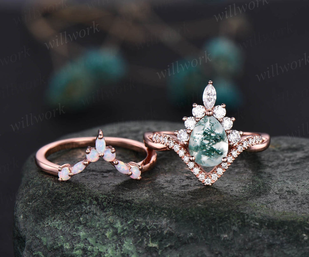 Art deco halo marquise unique vintage green moss agate engagement ring set rose gold opal ring women moissanite anniversary ring set gift