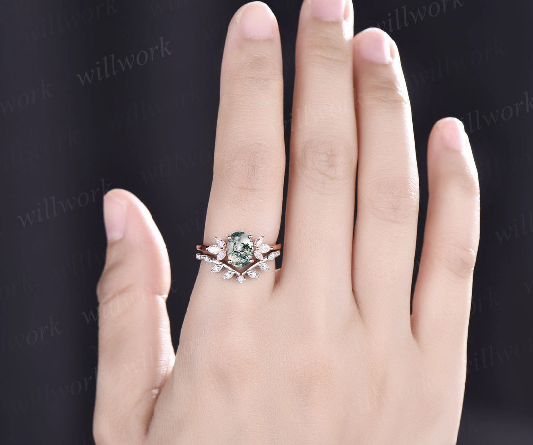 Vintage oval cut green moss agate engagement ring set rose gold art deco leaf flower opal ring siver moissanite wedding ring set for women