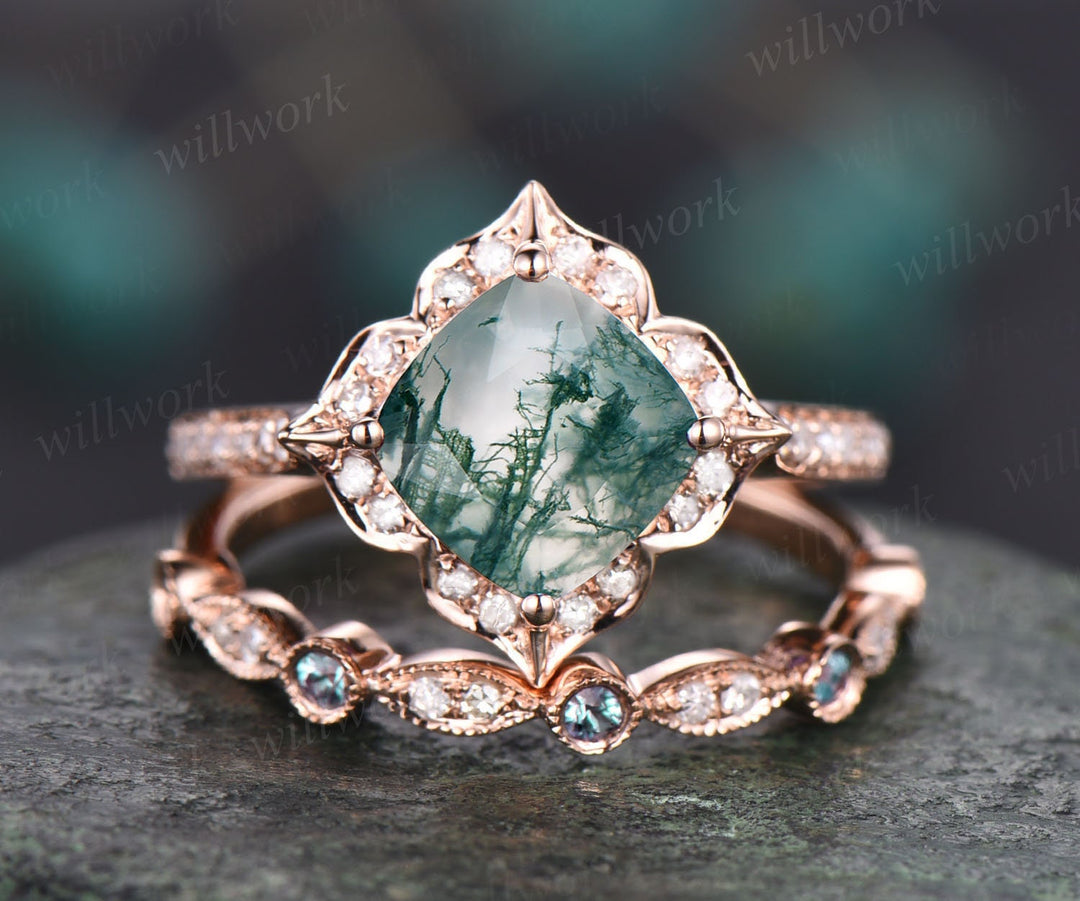 Unique bridal ring set cushion moss agate engagement ring set rose gold vintage flower halo diamond ring Milgrain alexandrite wedding band