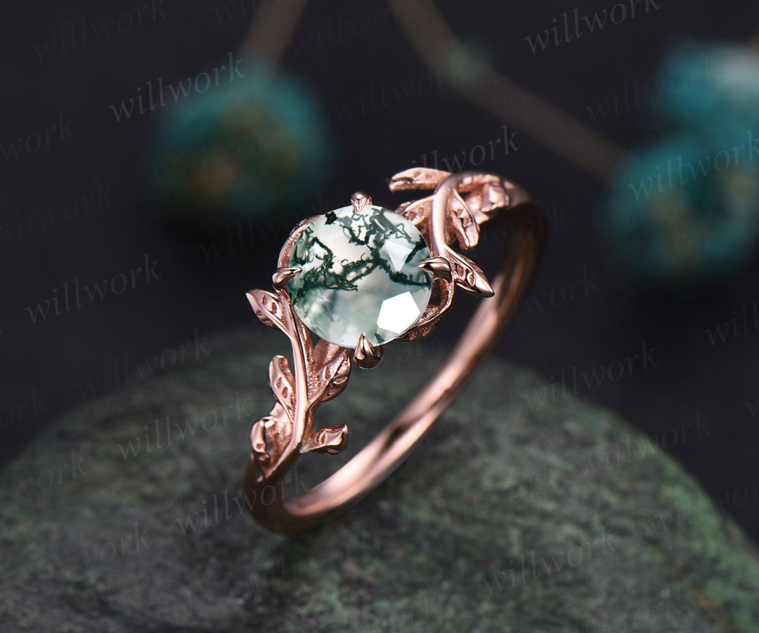 Round cut moss agate ring for women dainty vintage moss agate engagement ring leaf flower art deco rose gold wedding bridal promise ring