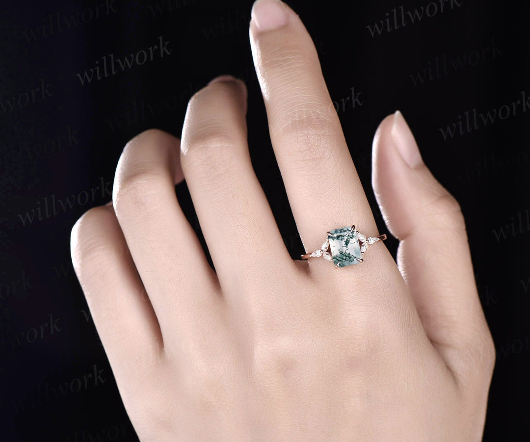 Vintage unique emerald cut green moss agate engagement ring rose gold silver flower pear shaped moissanite ring promise wedding ring women