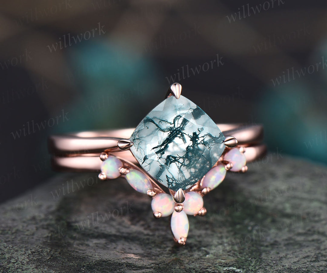 Solitaire cushion cut moss agate engagement ring set rose gold silver art deco opal ring vintage opal wedding band unique promise ring gifts