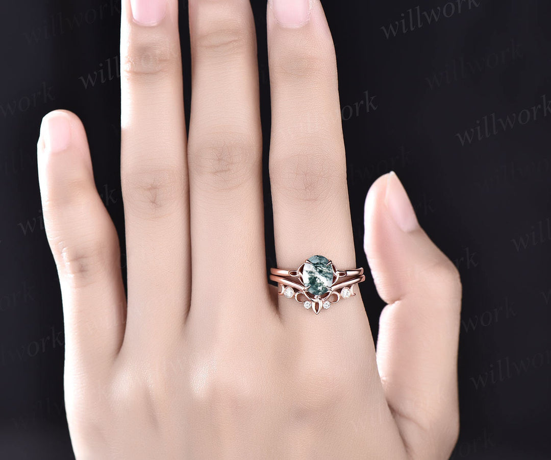 Vintage moss agate ring set Solitaire oval moss agate engagement ring set rose gold silver moissanite ring women Norse Viking ring Jewelry