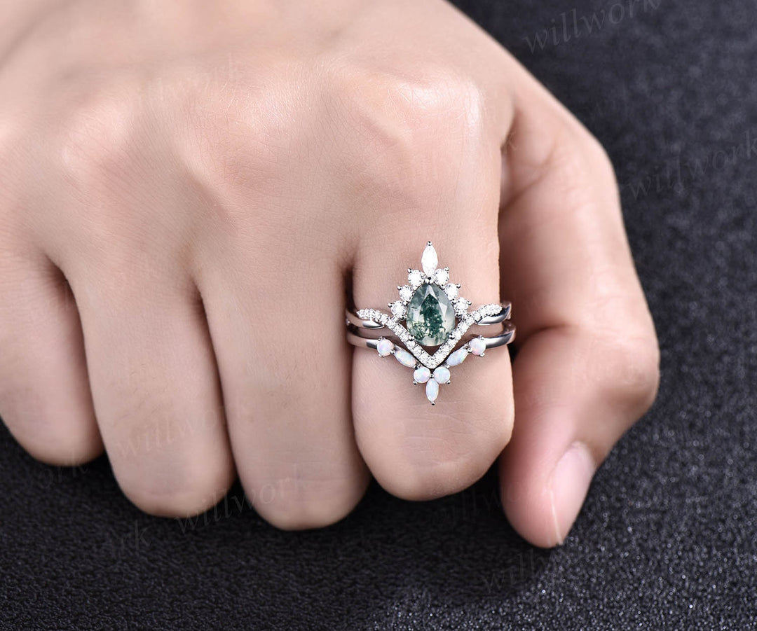 Art deco halo marquise unique vintage green moss agate engagement ring set rose gold opal ring women moissanite anniversary ring set gift