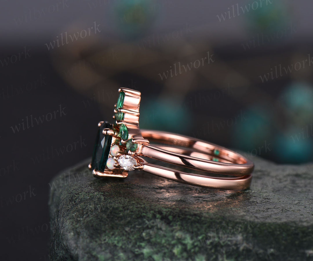 Oval moss agate ring gold for women vintage moss agate engagement ring set opal ring set art deco emerald ring rose gold bridal wedding set