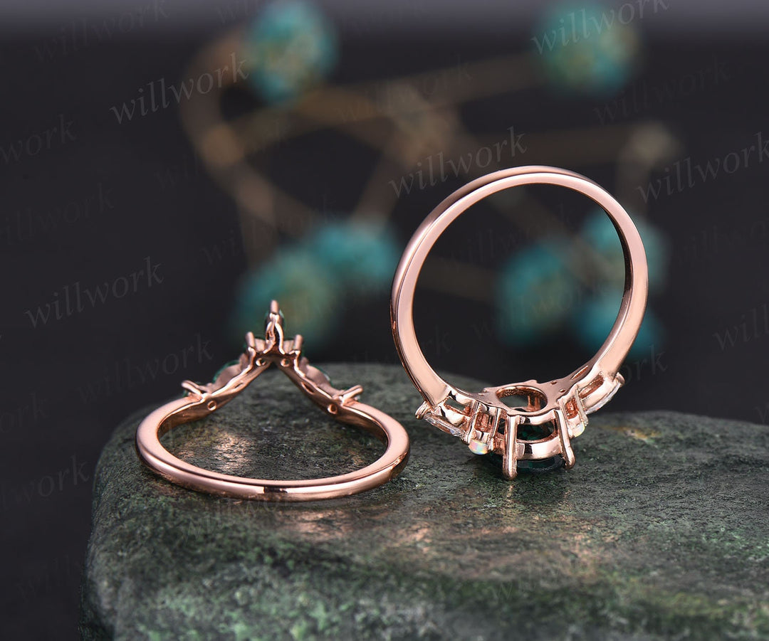 Oval moss agate ring gold for women vintage moss agate engagement ring set opal ring set art deco emerald ring rose gold bridal wedding set