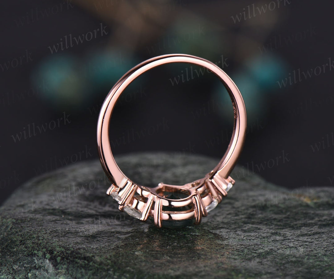 Green moss agate ring minimalist vintage pear Moss agate engagement ring five stone moonstone ring for women 14k rose gold sterling silver