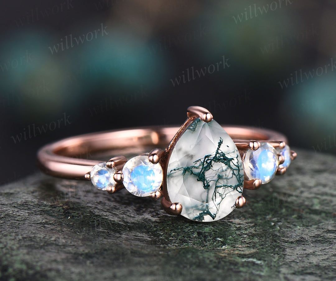 Green moss agate ring minimalist vintage pear Moss agate engagement ring five stone moonstone ring for women 14k rose gold sterling silver