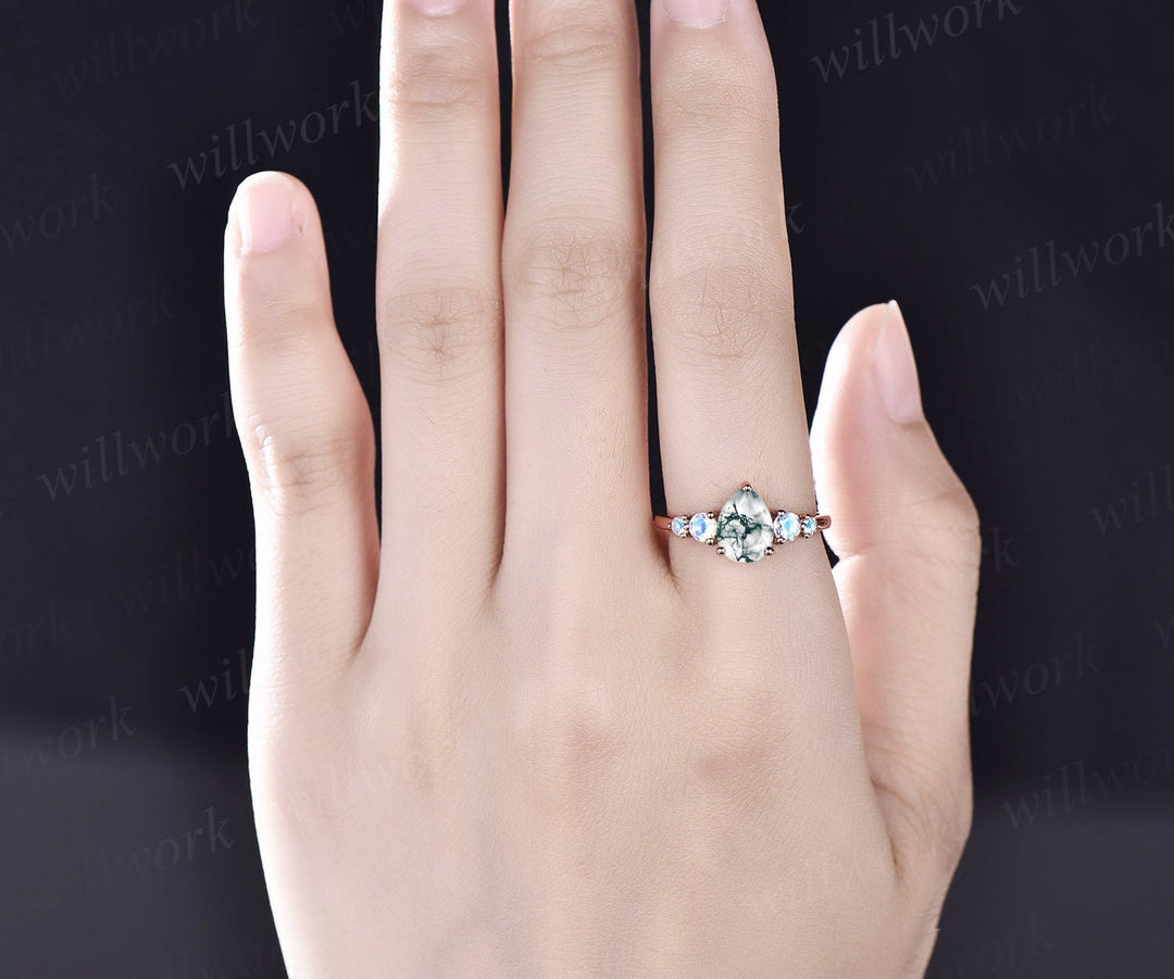 Green moss agate ring minimalist vintage pear Moss agate engagement ring five stone moonstone ring for women 14k rose gold sterling silver
