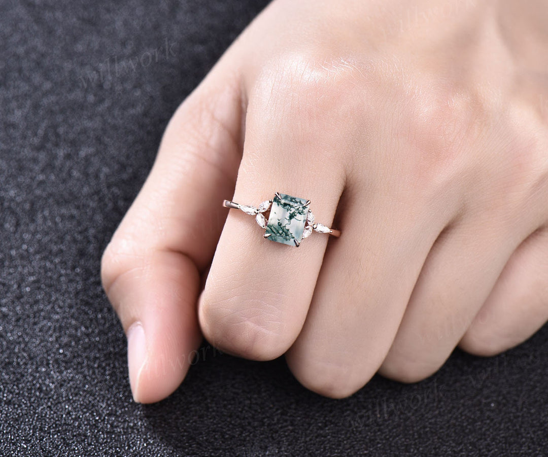 Vintage unique emerald cut green moss agate engagement ring rose gold silver flower pear shaped moissanite ring promise wedding ring women