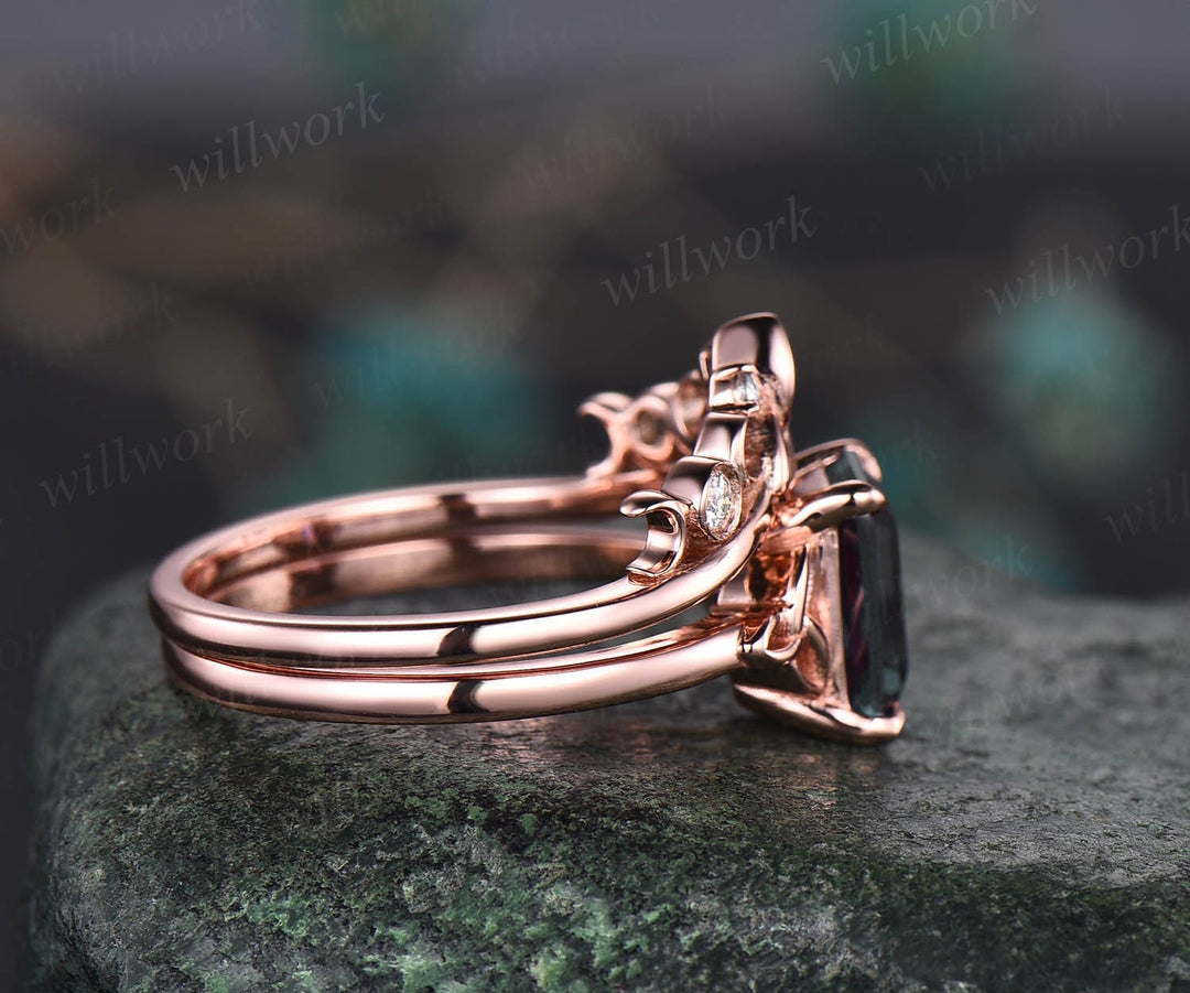 Unique moss agate ring set for women Emerald cut moss agate engagement ring set rose gold vintage Solitaire ring Norse Viking ring Jewelry
