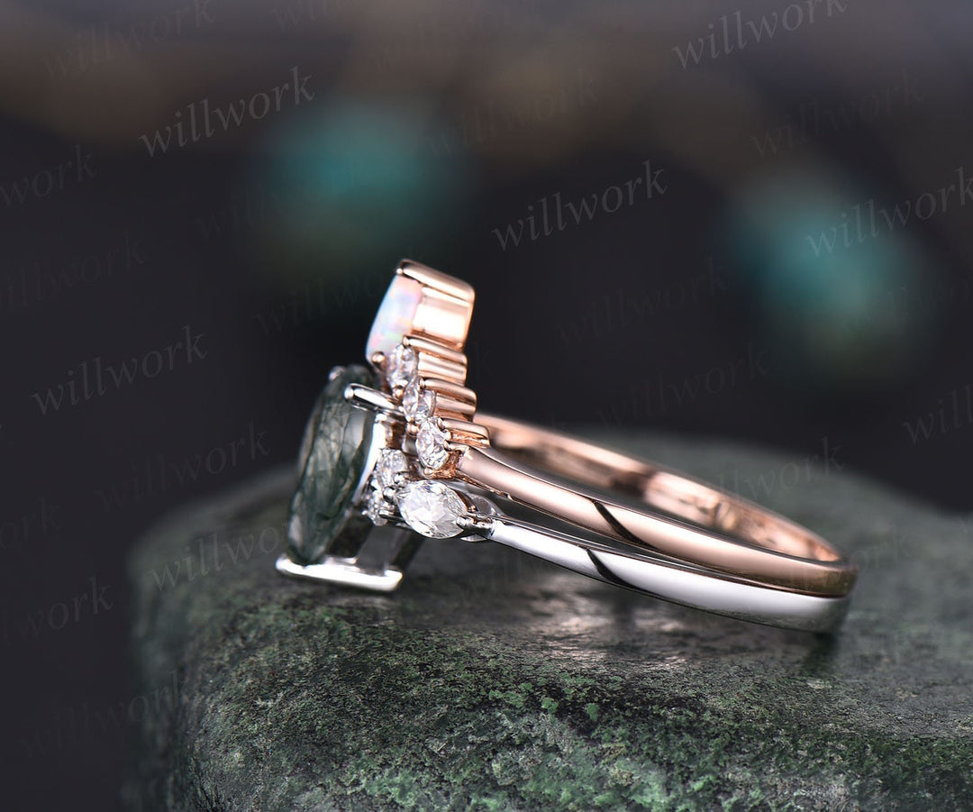 Unique pear shaped moss agate engagement ring set rose gold vintage art deco marquise moissanite opal ring for women anniversary ring set
