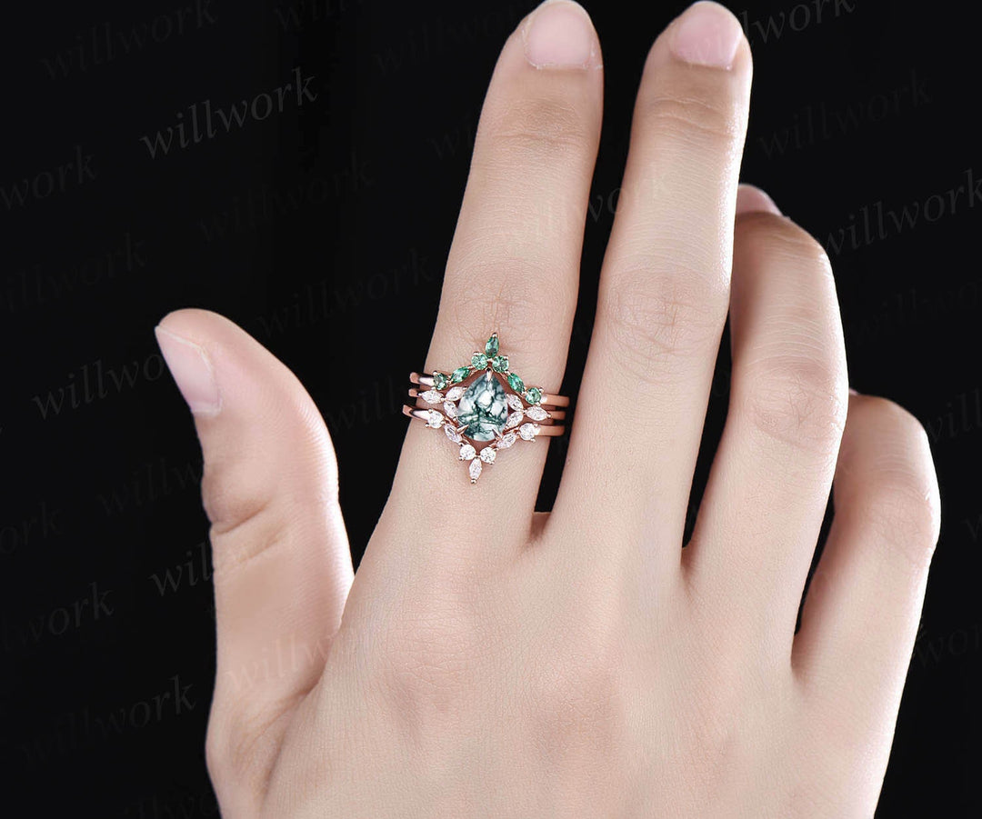 Vintage pear moss agate engagement ring set art deco flower moissanite ring set rose gold silver marquise emerald ring for women jewelry