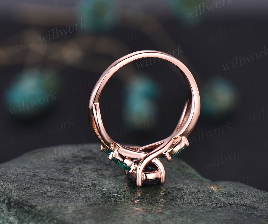 Oval moss agate engagement ring rose gold vintage unique engagement ring dainty marquise cut emerald twisted ring anniversary promise ring