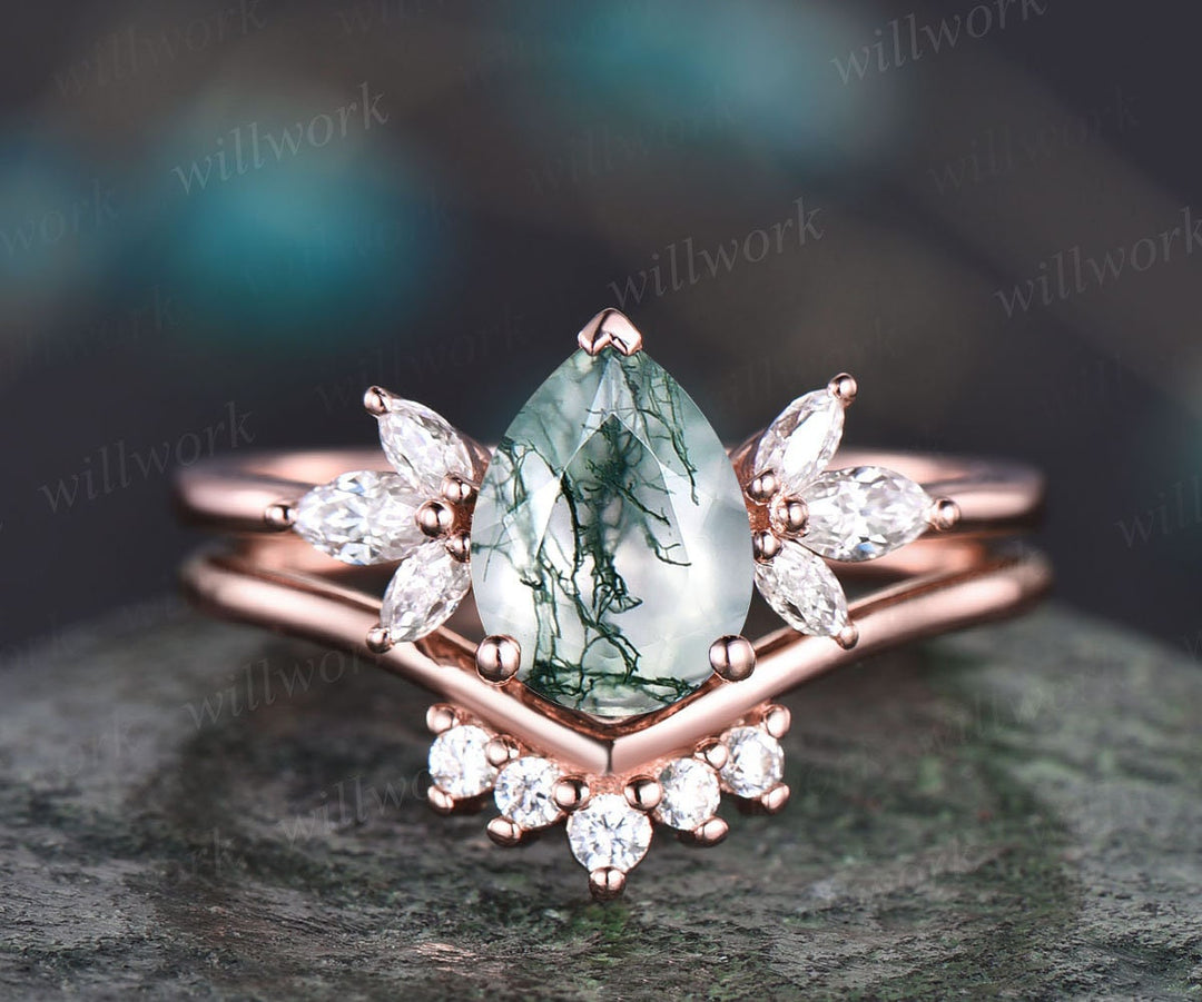 Vintage pear shaped moss agate engagement ring set 14k rose gold 7 stone marquise moissanite ring for women unique bridal wedding ring set