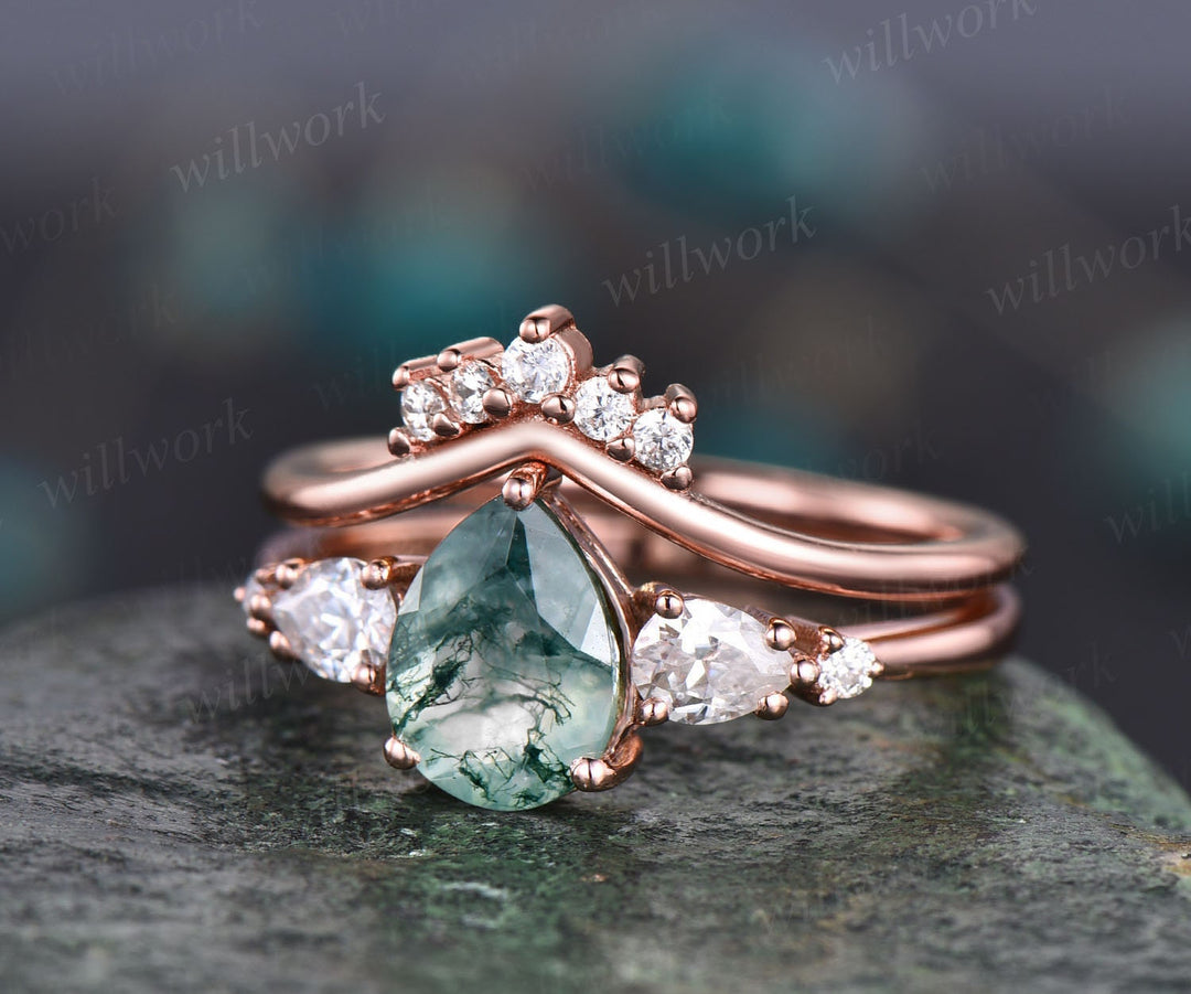 Unique engagement ring set Pear shaped moss agate engagement ring set vintage rose gold ring set 7 stone ring moissanite wedding ring set