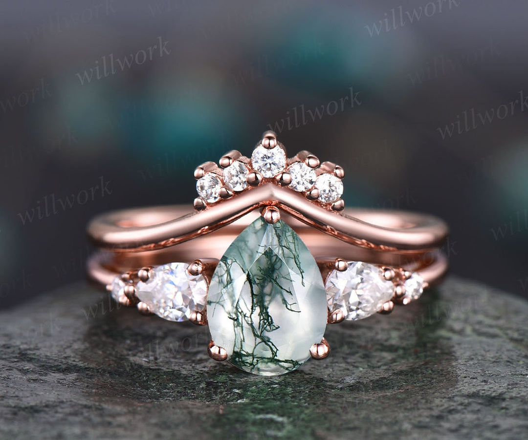 Unique engagement ring set Pear shaped moss agate engagement ring set vintage rose gold ring set 7 stone ring moissanite wedding ring set