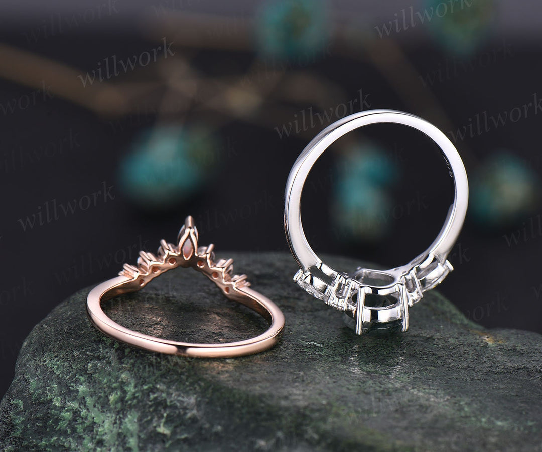 Unique pear shaped moss agate engagement ring set rose gold vintage art deco marquise moissanite opal ring for women anniversary ring set