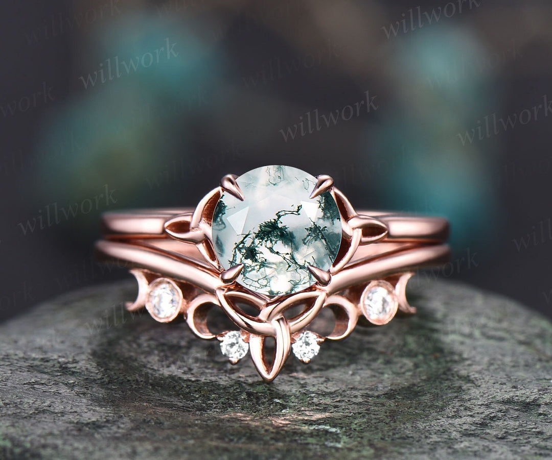 Round cut moss agate ring vintage moss agate engagement ring set 14k rose gold silver solitaire moissanite ring women norse viking Jewelry
