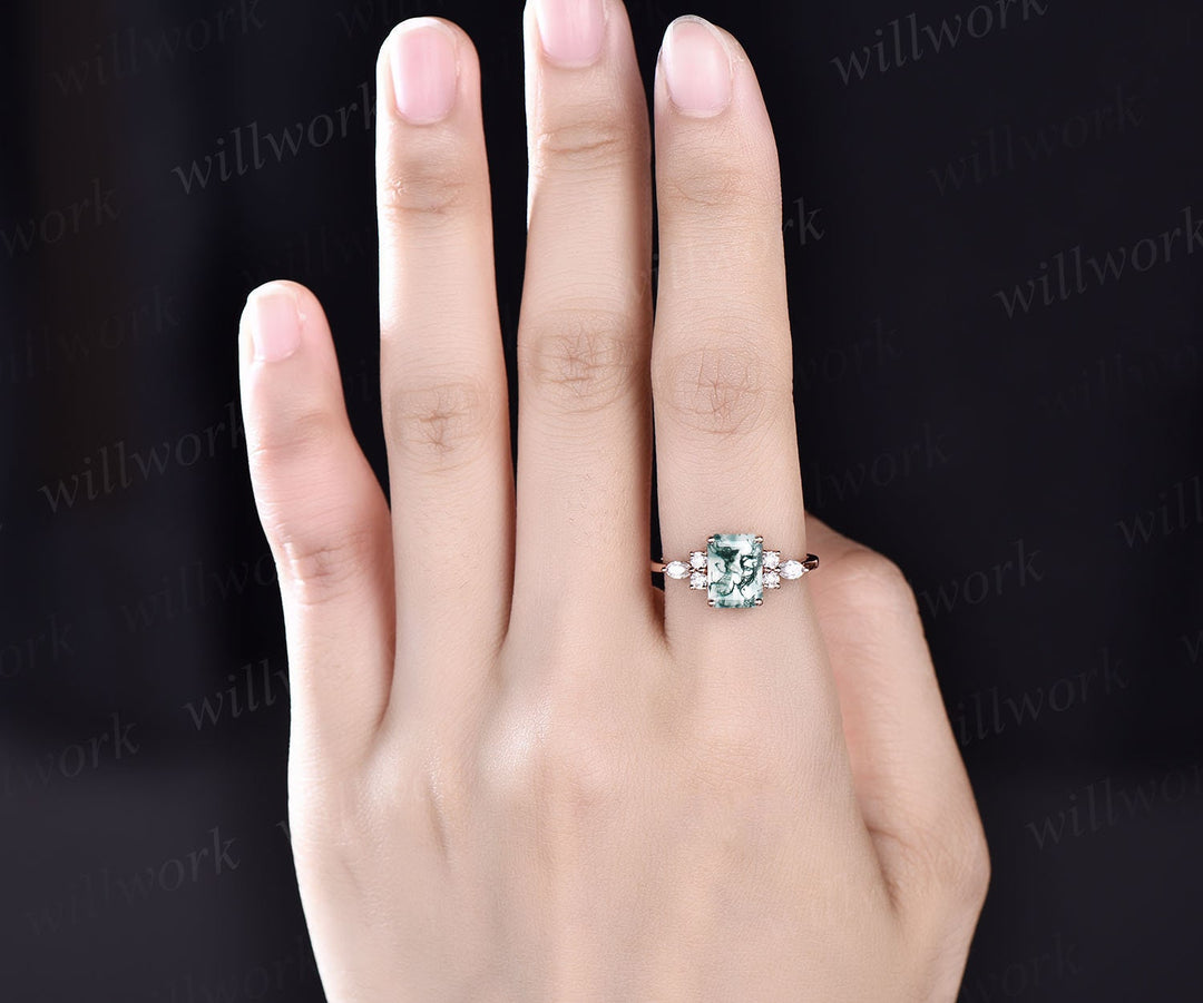 Emerald cut moss agate engagement ring 14k rose gold art deco unique vintage green moss agate ring silver 7 stone moissanite ring for women
