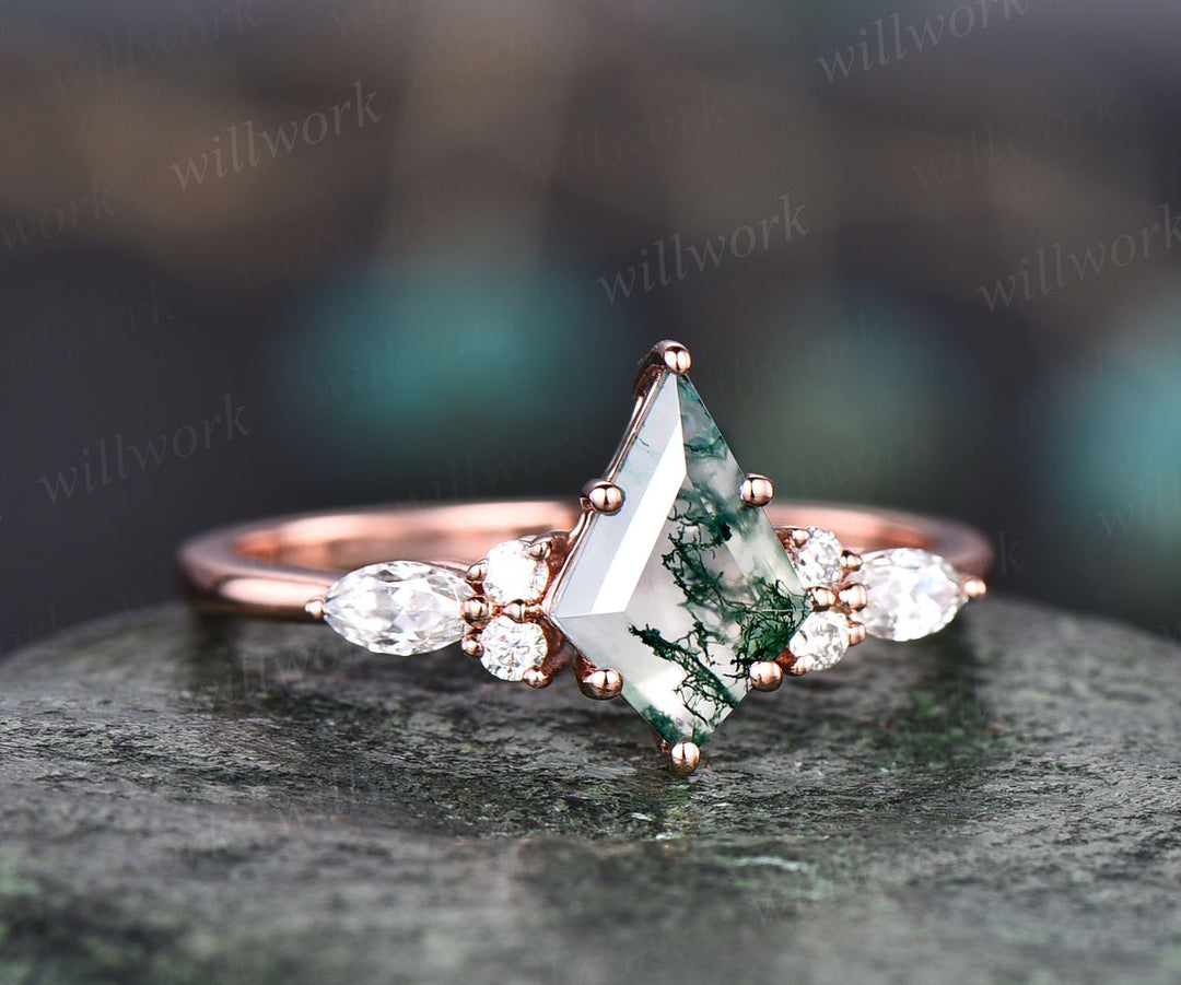 READY TO SHIP: Kite Cut Green Moss Agate Engagement Ring Set -- 10K Yellow Gold -- Ring Size:9.5 US