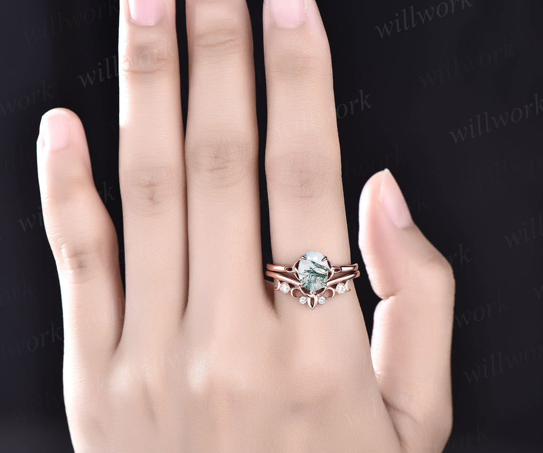 Vintage moss agate ring set Solitaire oval moss agate engagement ring set rose gold silver moissanite ring women Norse Viking ring Jewelry
