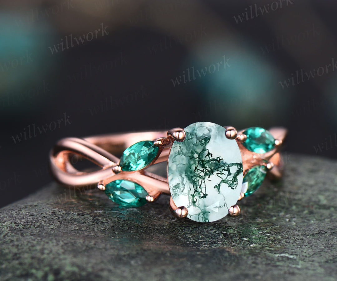 Oval moss agate engagement ring rose gold vintage unique engagement ring dainty marquise cut emerald twisted ring anniversary promise ring