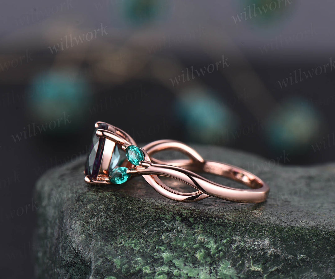 Oval moss agate engagement ring rose gold vintage unique engagement ring dainty marquise cut emerald twisted ring anniversary promise ring