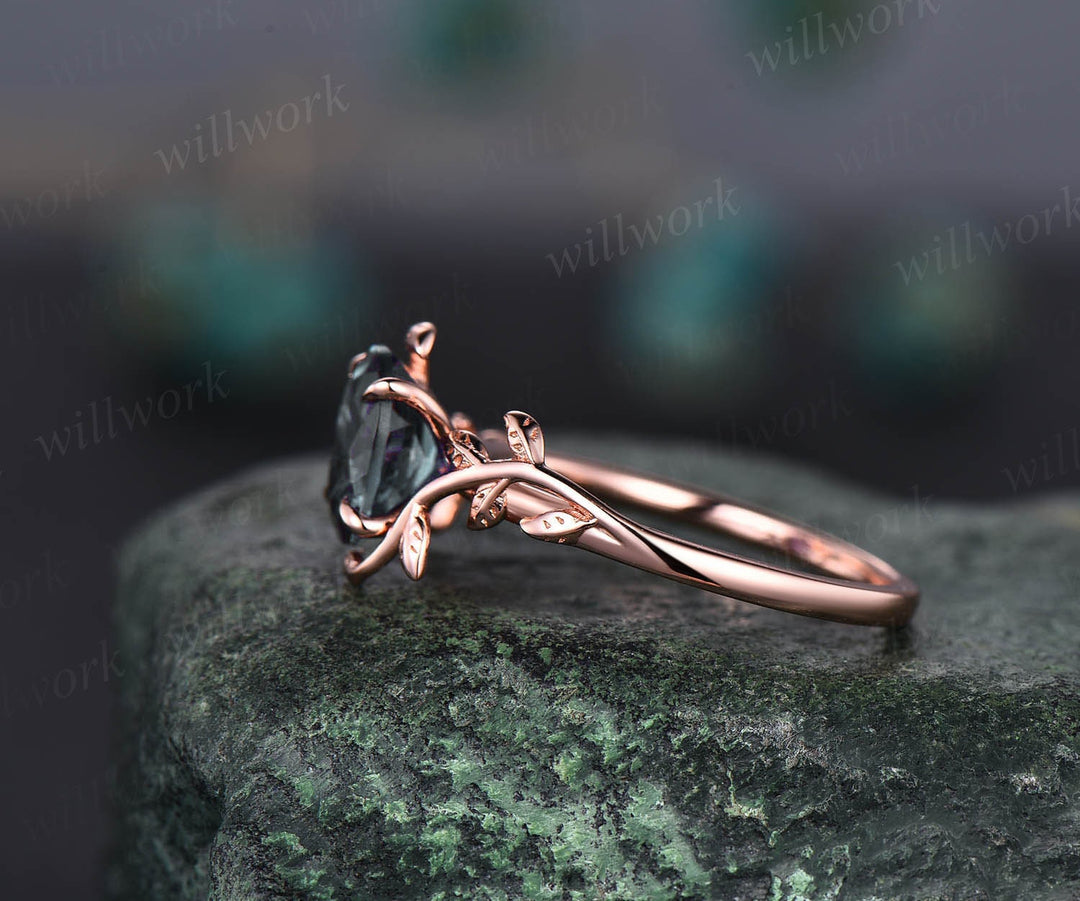 Unique vintage green moss agate engagement ring leaf flower art deco dainty solitaire rose gold ring promise bridal weddring ring jewelry