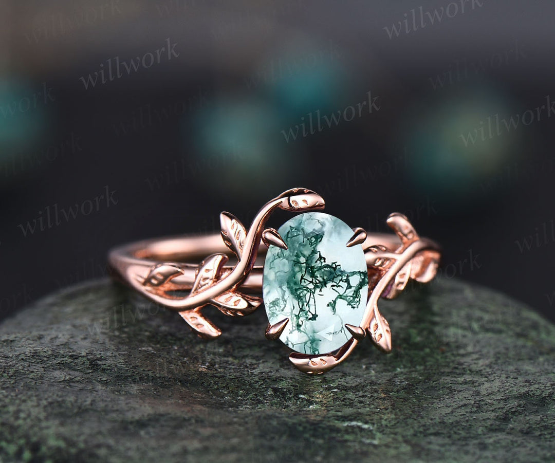 Unique vintage green moss agate engagement ring leaf flower art deco dainty solitaire rose gold ring promise bridal weddring ring jewelry