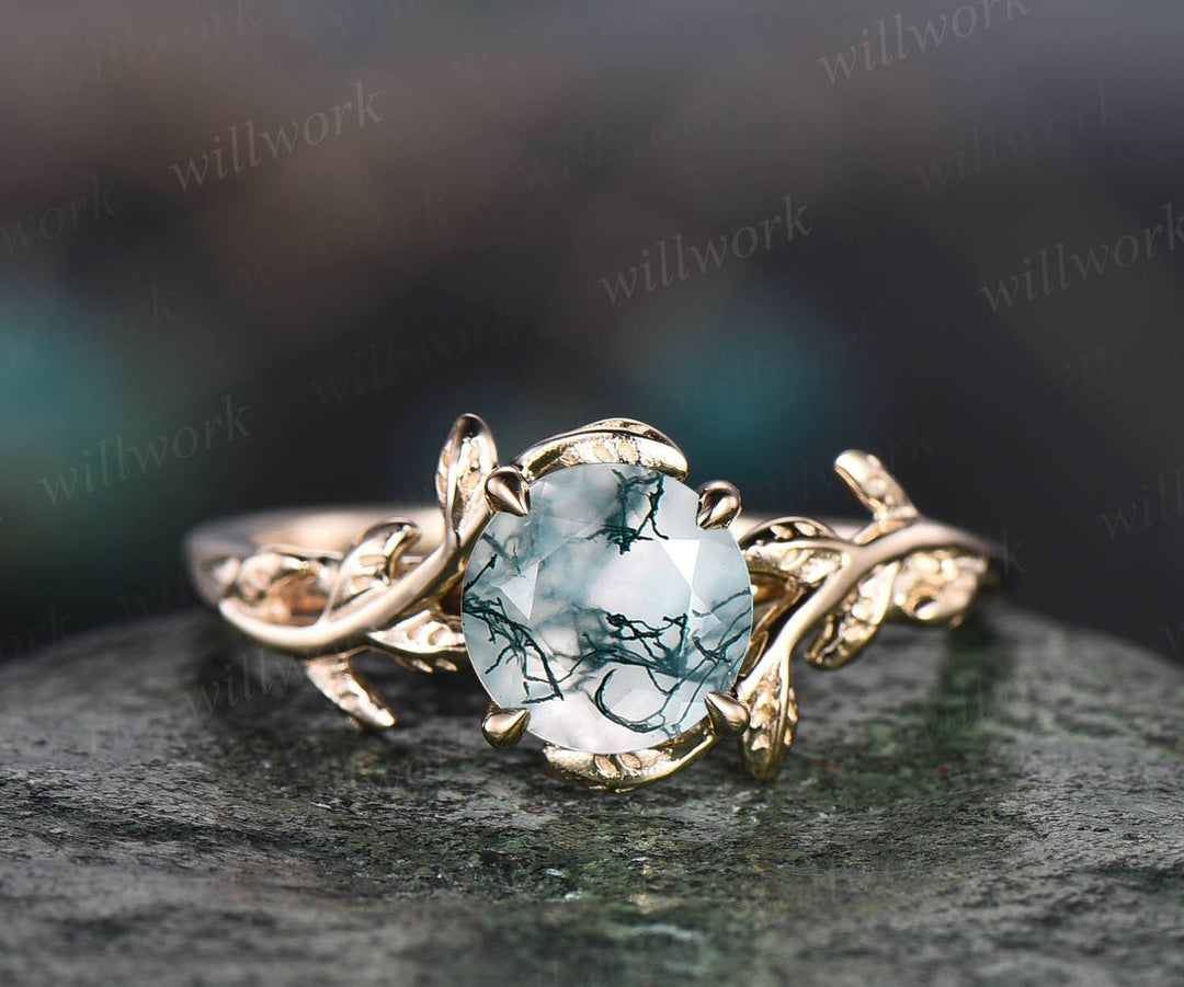 Round cut moss agate ring for women dainty vintage moss agate engagement ring leaf flower art deco rose gold wedding bridal promise ring