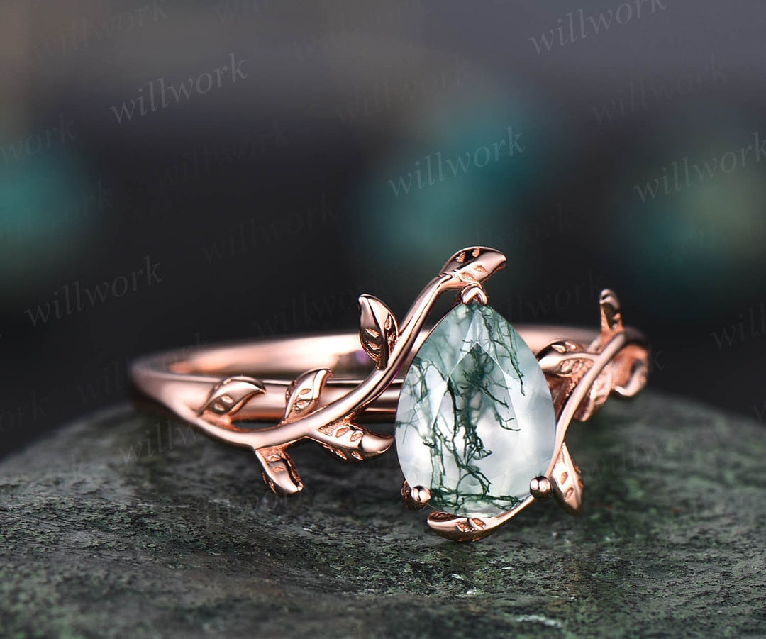 Vintage pear shaped moss agate engagement ring leaf flower art deco unique rose gold engagement ring dainty solitaire promise wedding ring