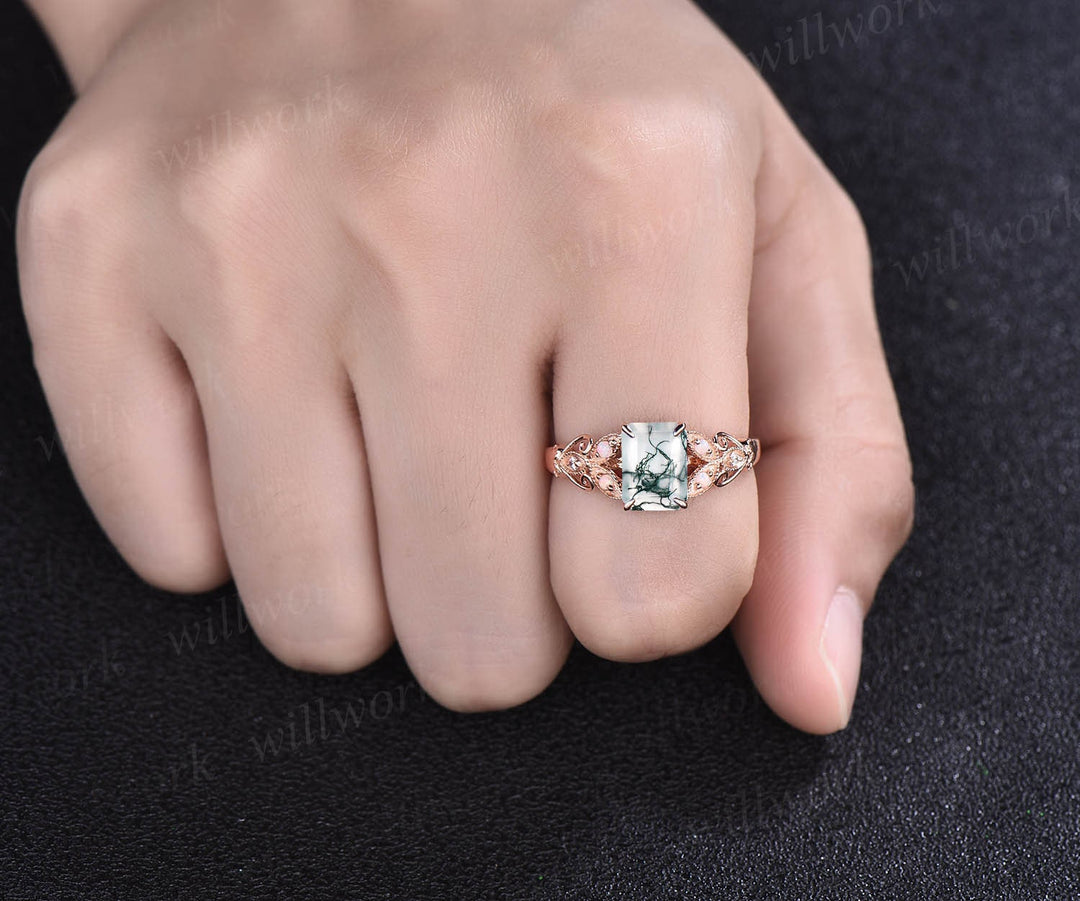 Vintage emerald cut green moss agate engagement ring 14k rose gold butterfly flower milgrain opal diamond ring unique wedding ring for women
